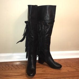 Over The Knee Black Fringe Boots, Size 6